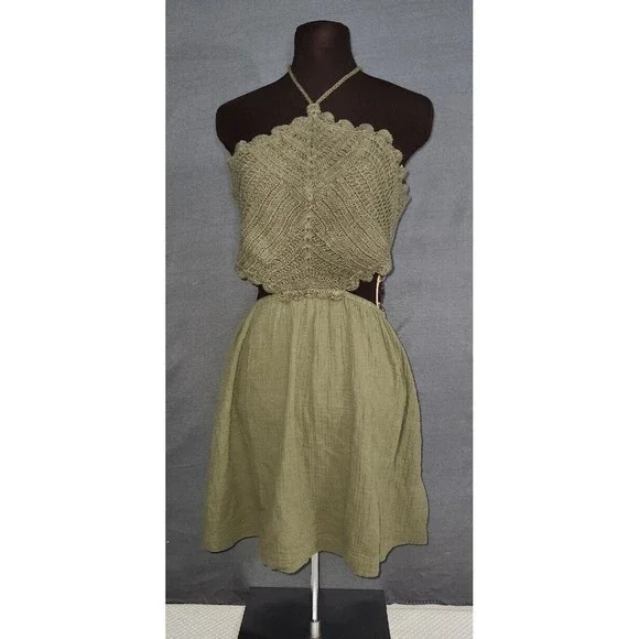 aerie | Dresses | Aerie Army Green Crochet Pool To Party Halter Beach Gauze  Swim Mini Dress L Nwt | Poshmark